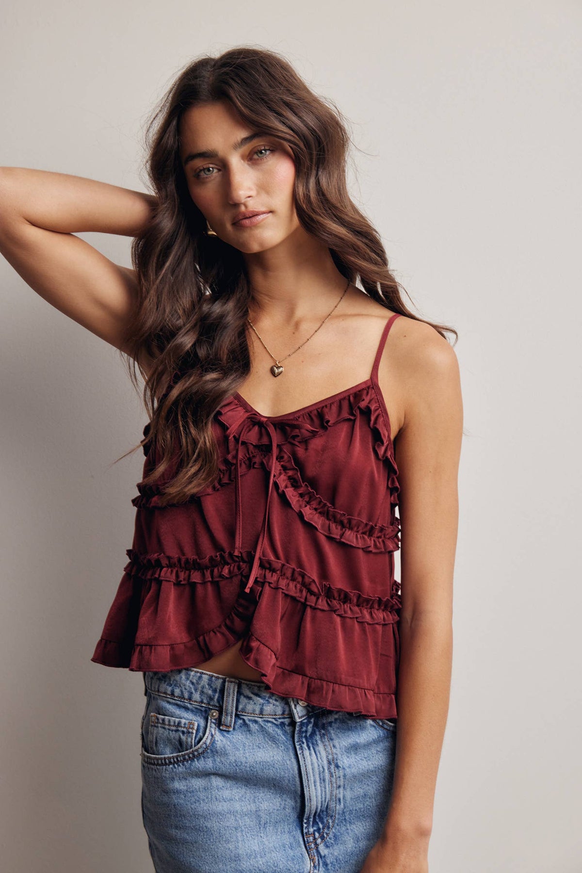 Ruffle Holiday Trim Tie Front Cami Top