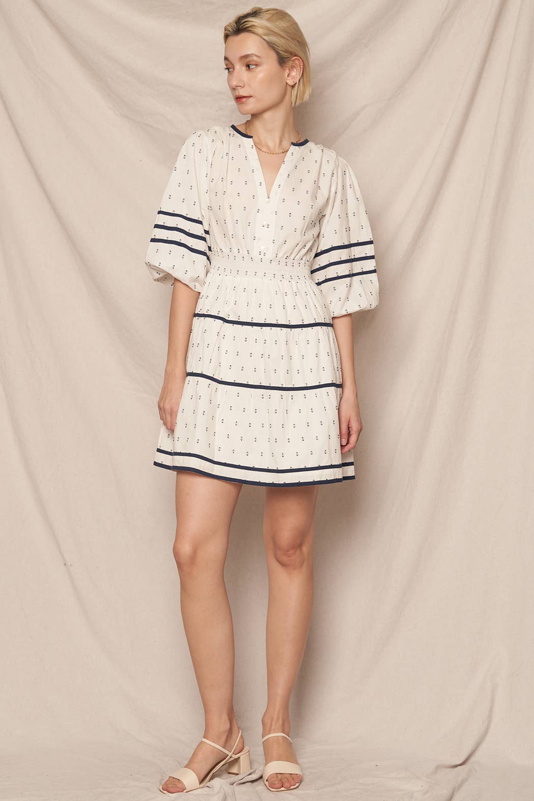 3/4 Sleeve V-Neck Tiered Mini Embroidered Dress