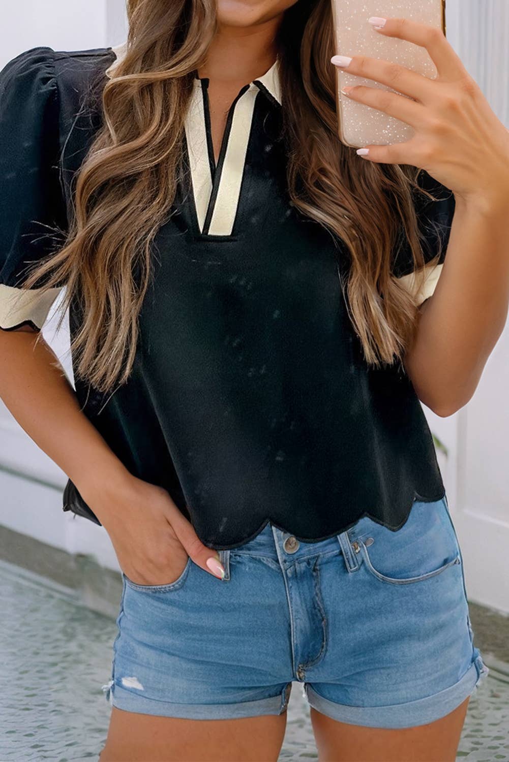 LDC Color Contrast Puff Sleeve Blouse