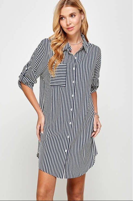 Stripe Soft Flowing Collared Long Shirt Dress