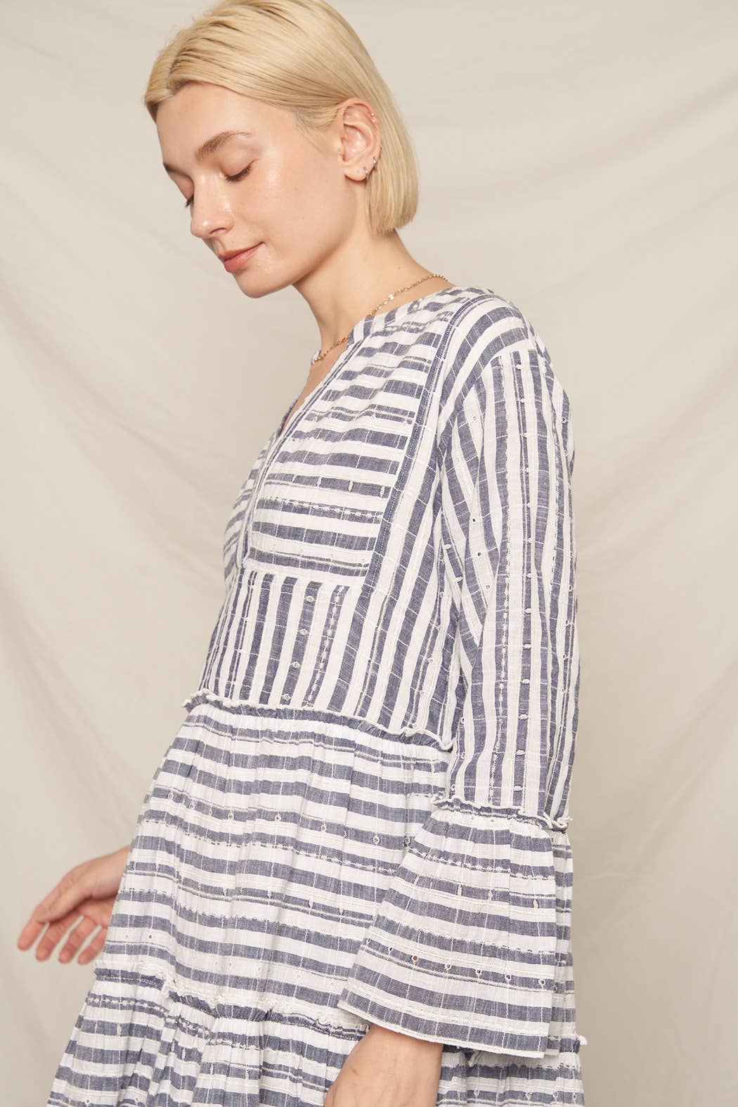 3/4 Sleeve V-Neck Striped Tiered Mini Dress