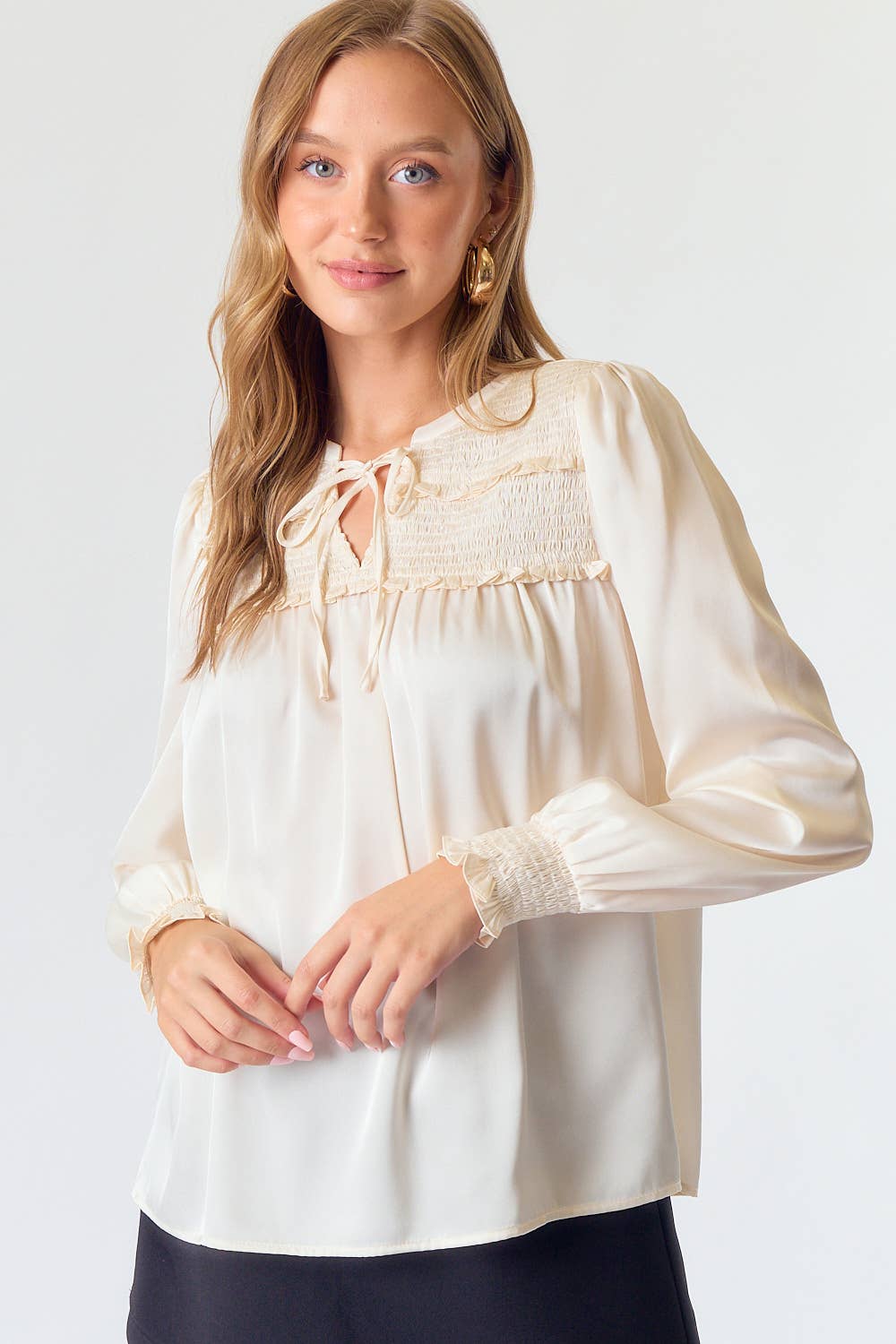 Satin Smocked -NeckTie Blouse