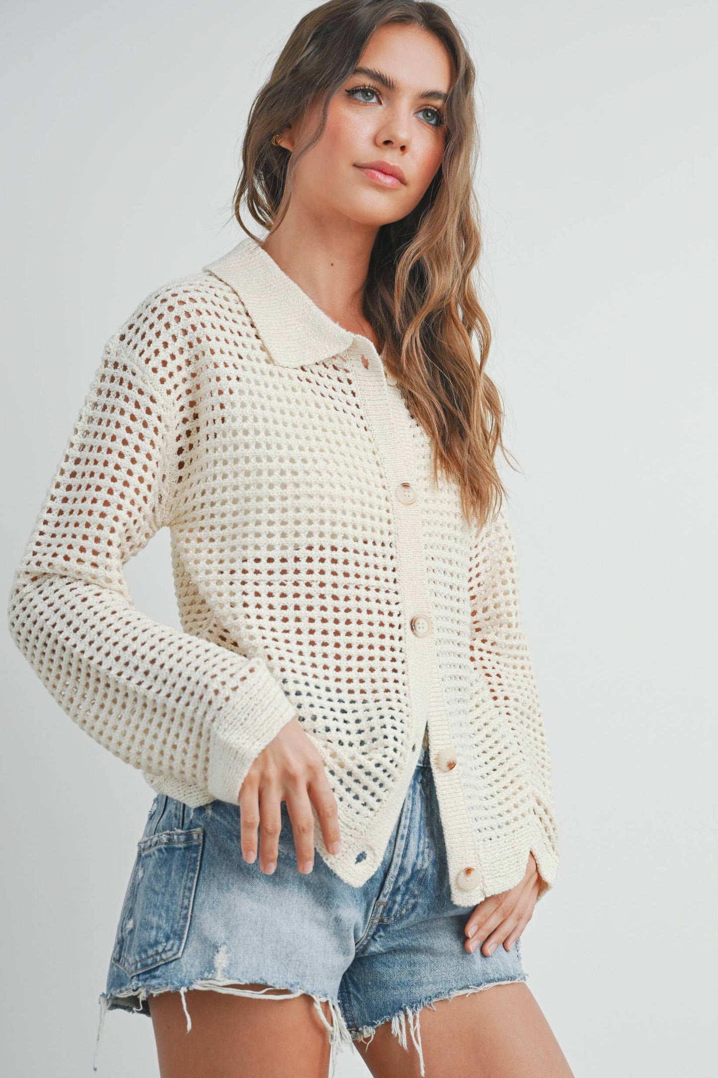 OPEN STITCH CROCHET COLLAR CARDIGAN