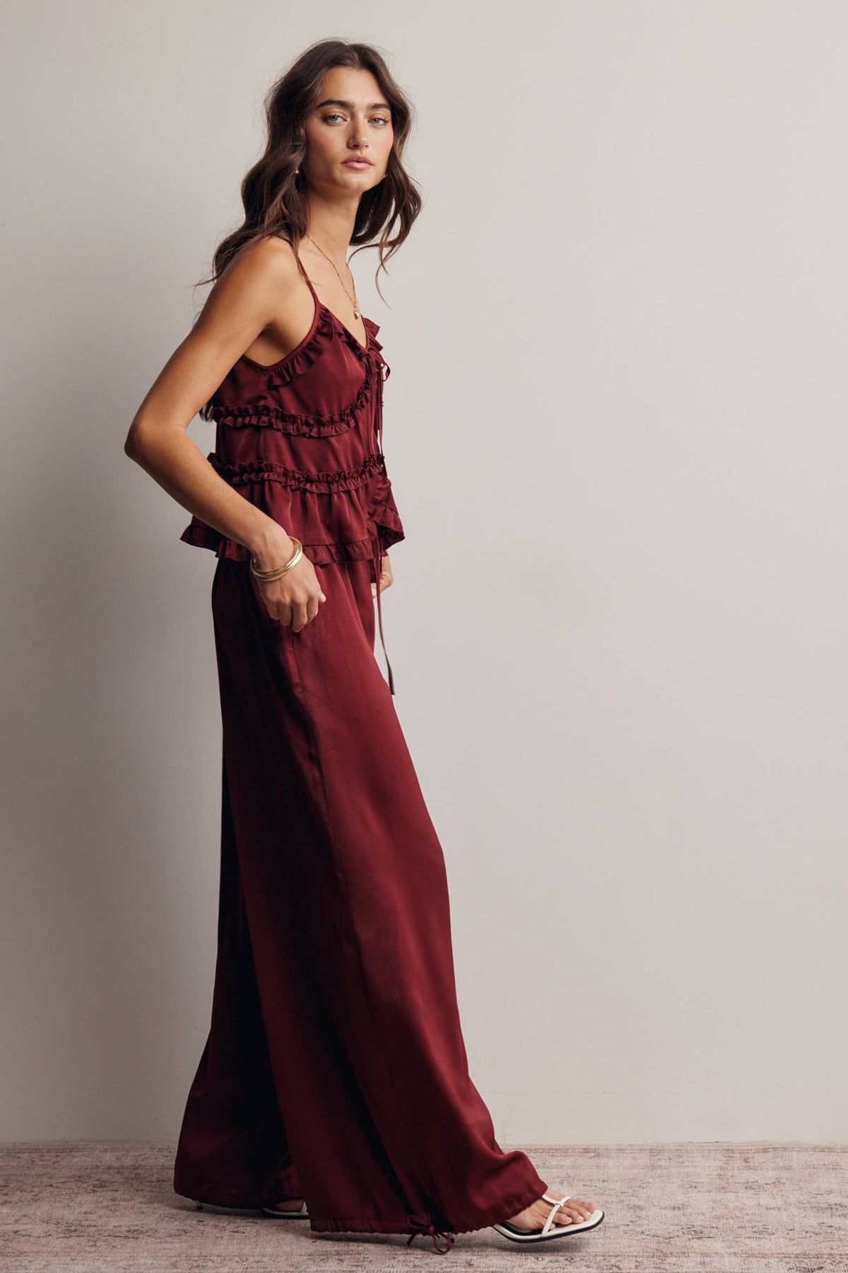 Ruffle Holiday Trim Tie Front Cami Top