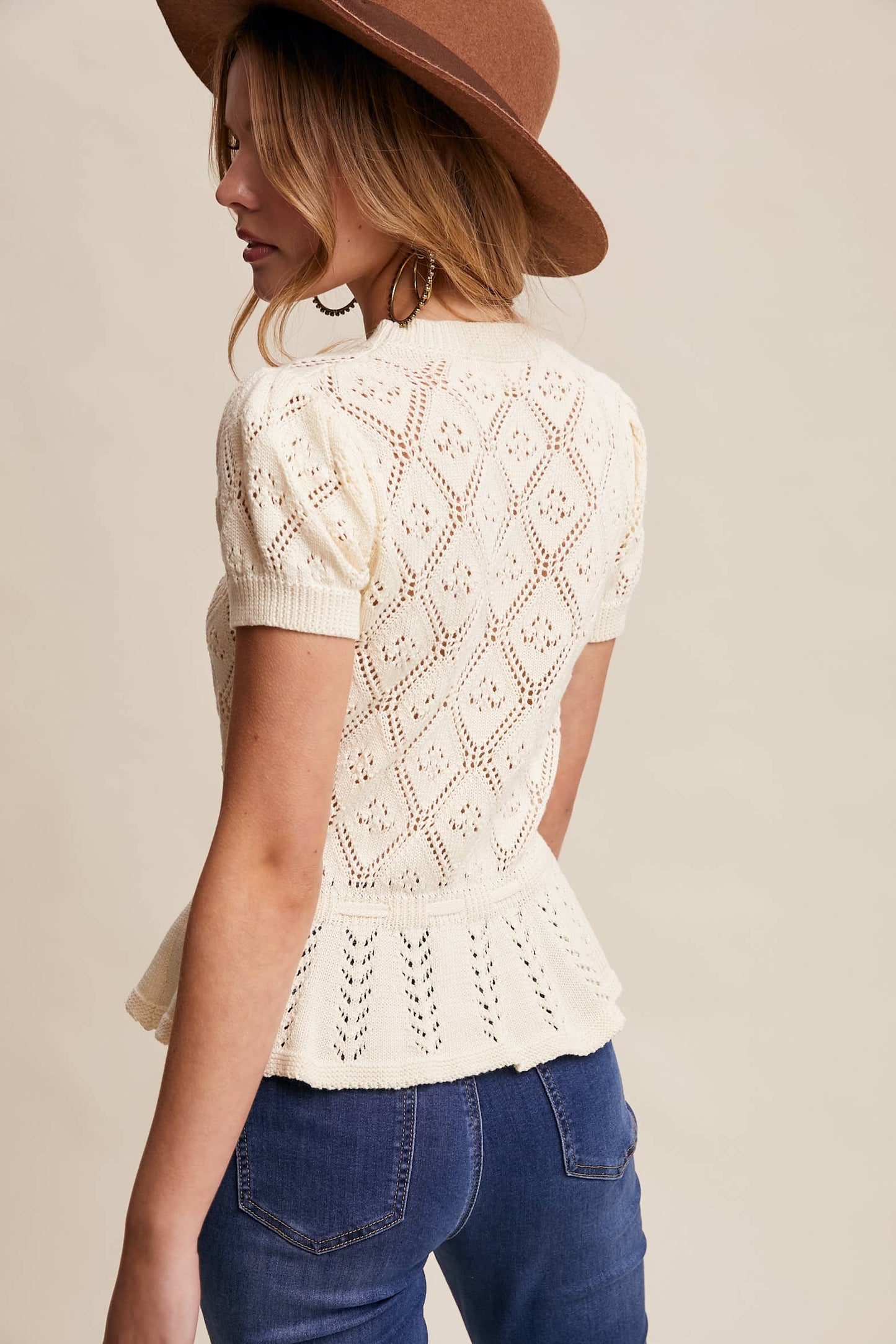 Pointelle Knit Peplum Sweet Belted Top