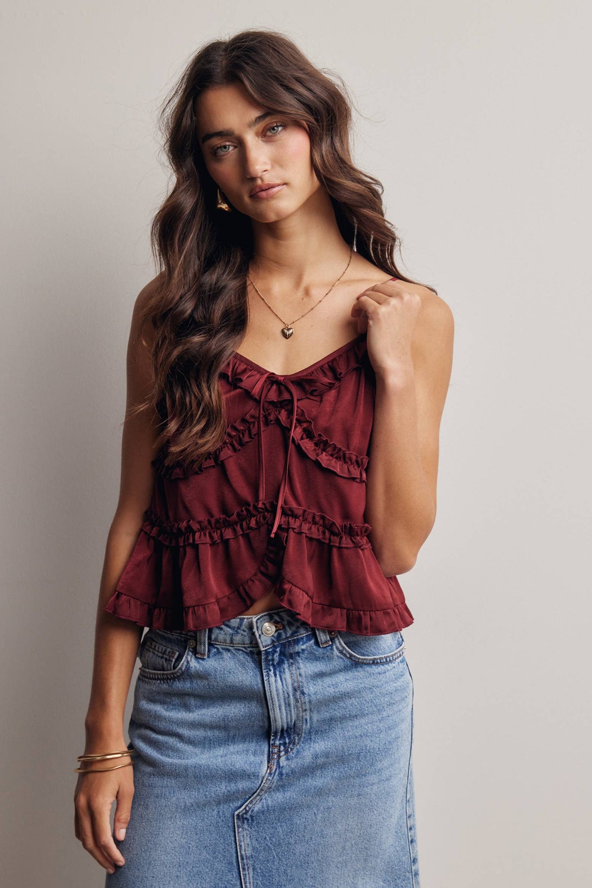 Ruffle Holiday Trim Tie Front Cami Top