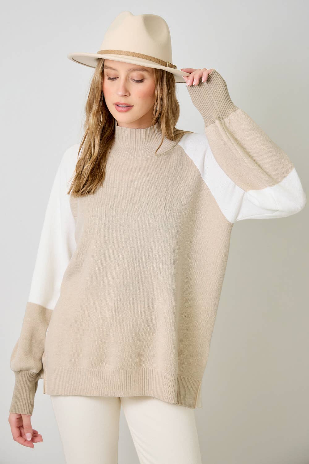 Soft Mock Neck Color Block Sweater