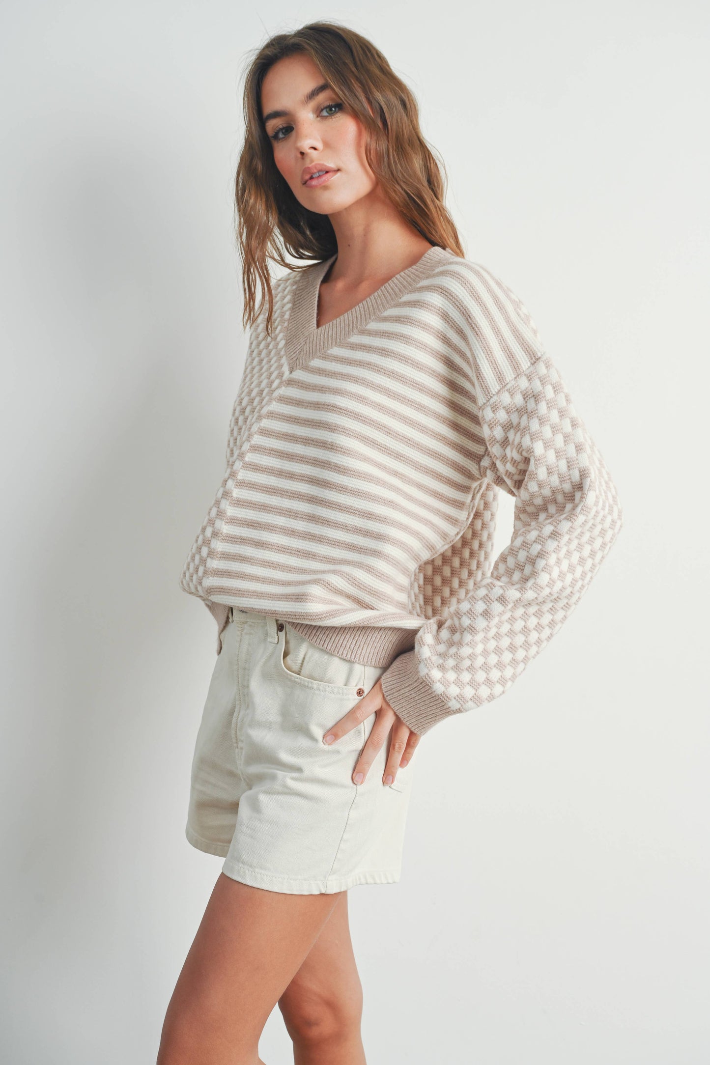 FRENCHY CHECKER PATTERN DROP SHOULDER SWEATER