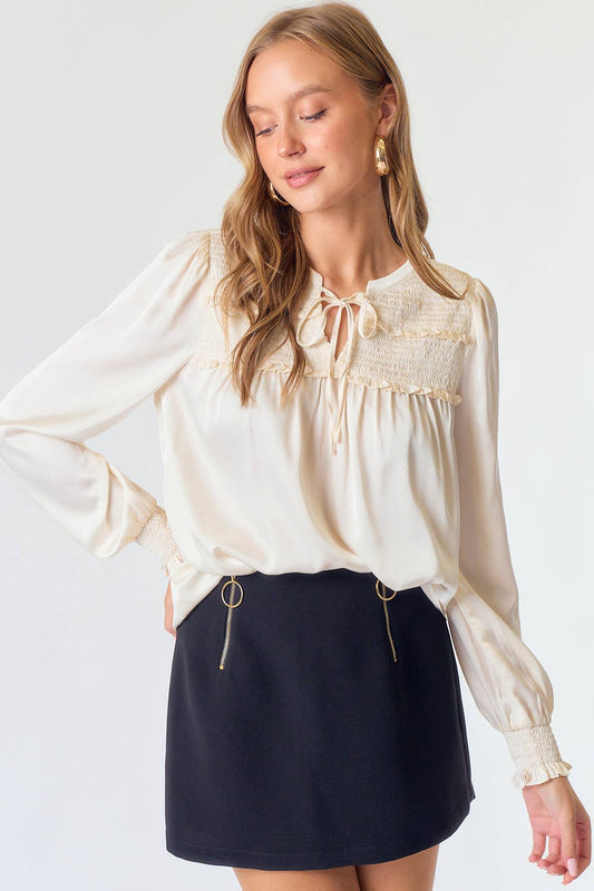 Satin Smocked -NeckTie Blouse