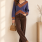 Contrast Trim V-Neck Varsity Knit Sweater