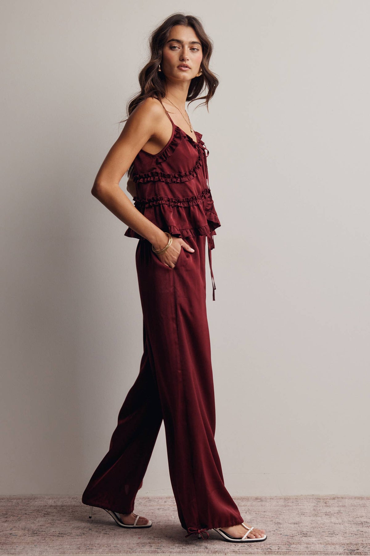 Ruffle Holiday Trim Tie Front Cami Top