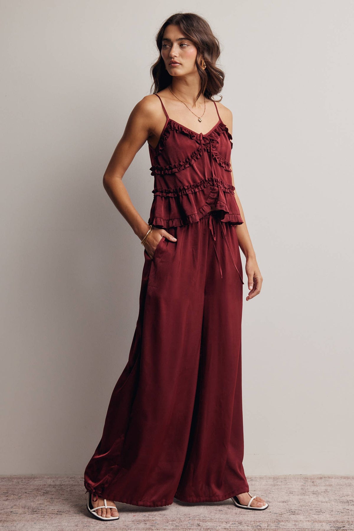 Ruffle Holiday Trim Tie Front Cami Top