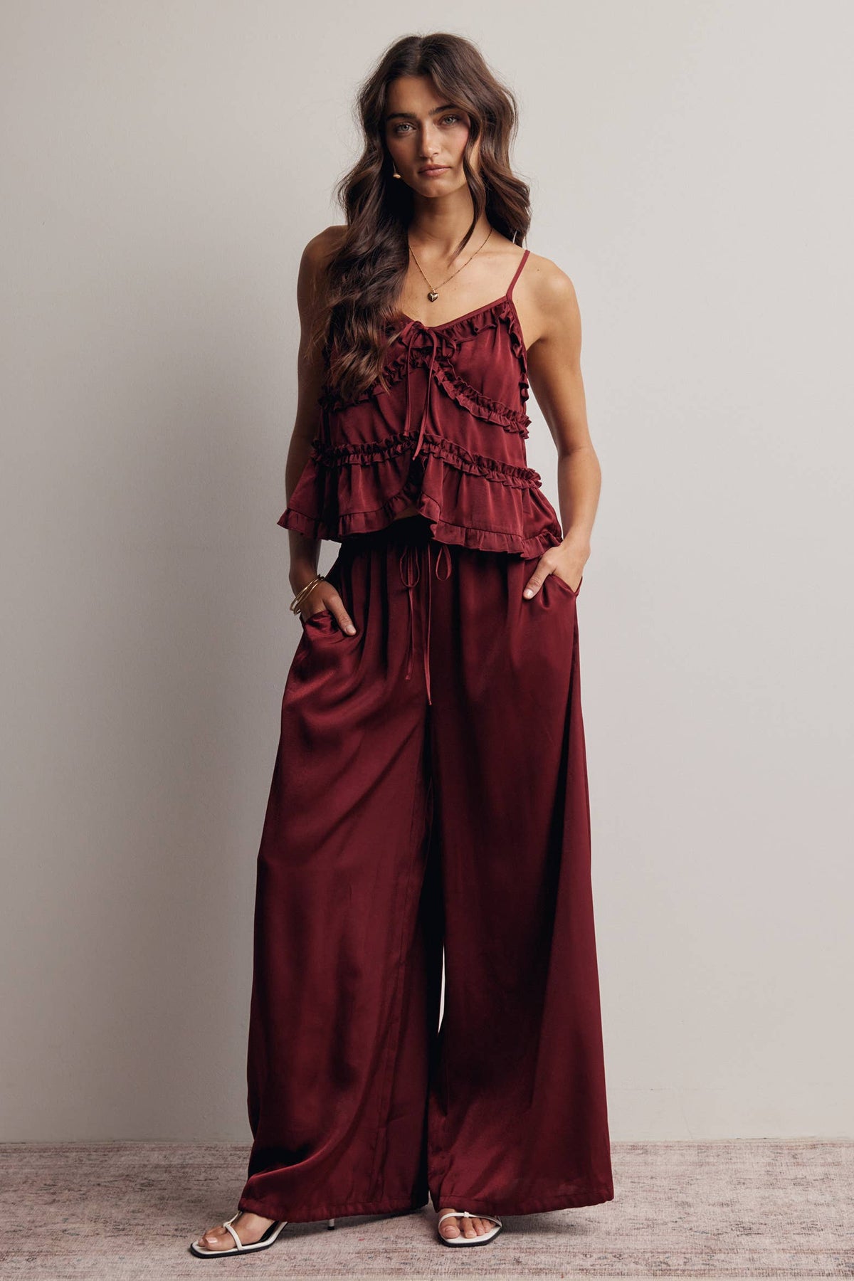 Ruffle Holiday Trim Tie Front Cami Top