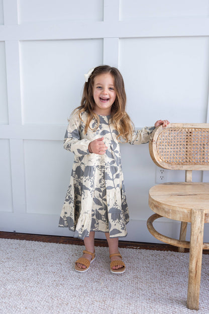 Grey Leaf Printed Tiered Long Sleeve Dress