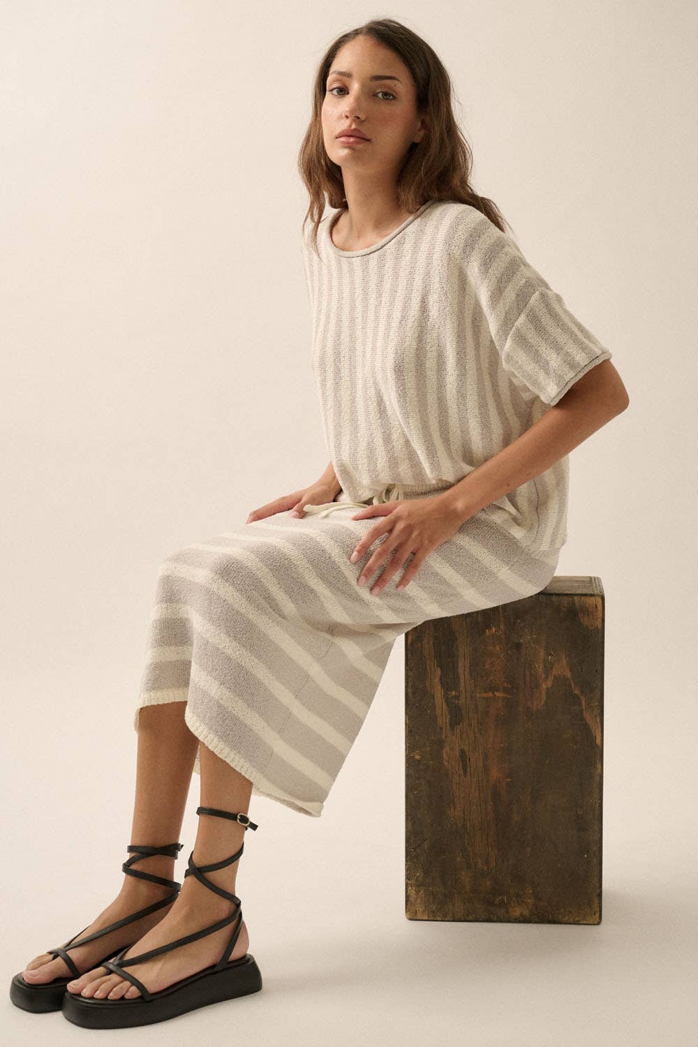 Striped Knit Rolled-Edge Short-Sleeve Sweater