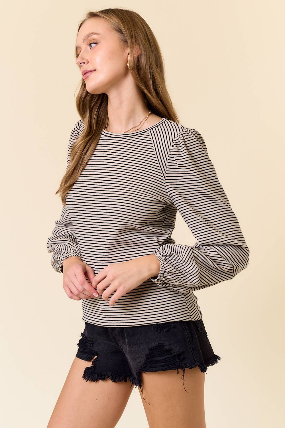 Round Neck Bubble Long Sleeve Striped Top