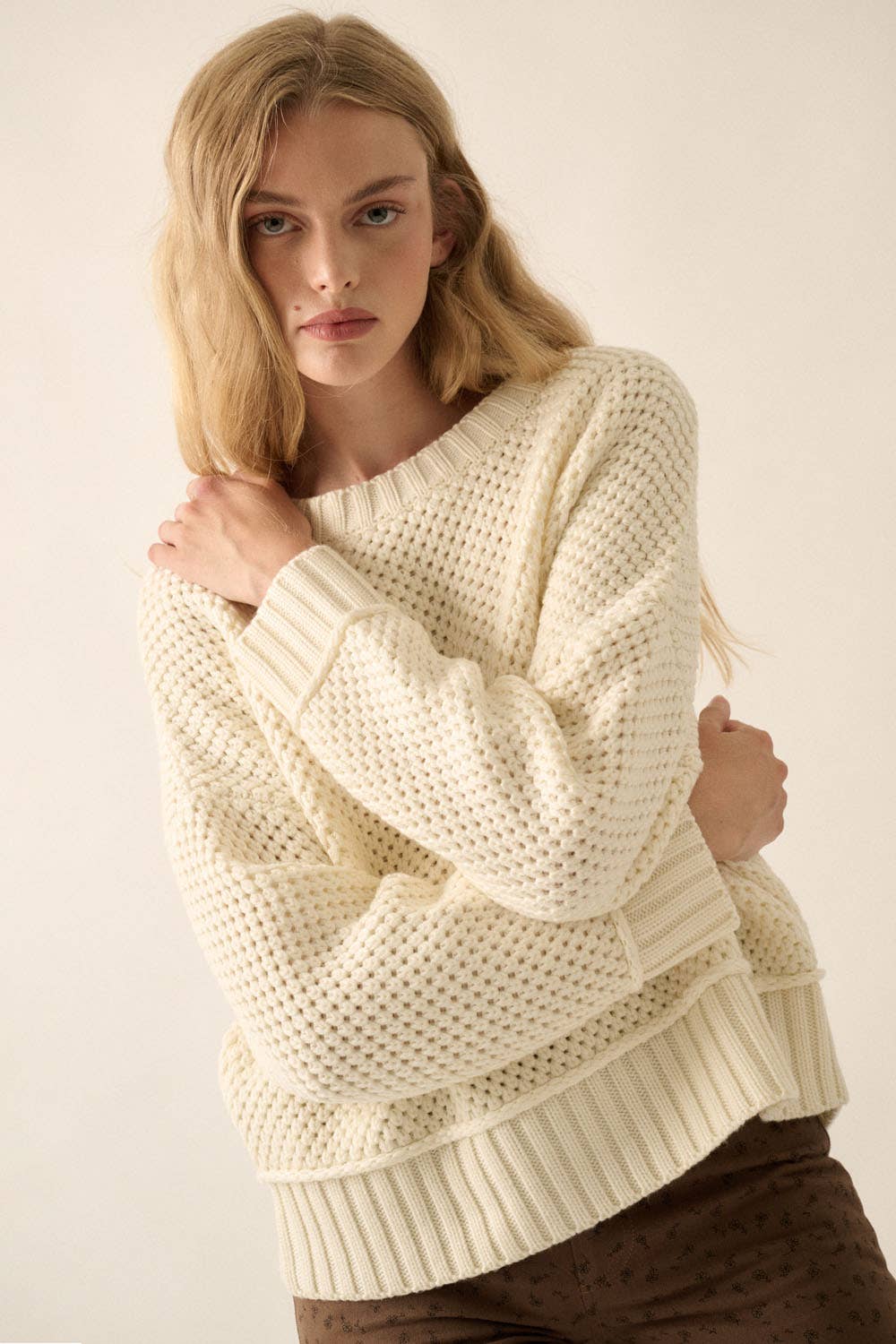 Solid Round-Neck Crochet-Knit Sweater