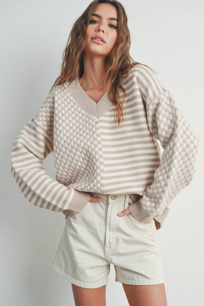 FRENCHY CHECKER PATTERN DROP SHOULDER SWEATER