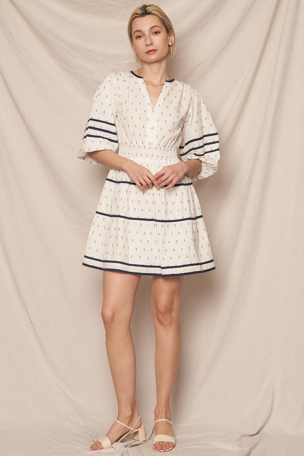 3/4 Sleeve V-Neck Tiered Mini Embroidered Dress