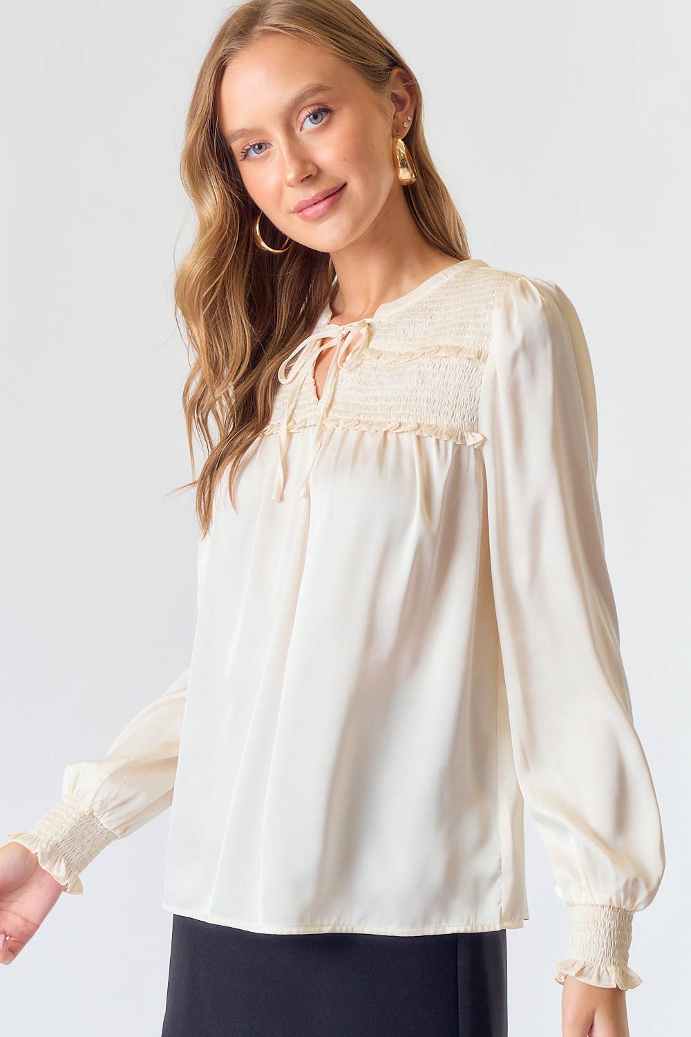 Satin Smocked -NeckTie Blouse