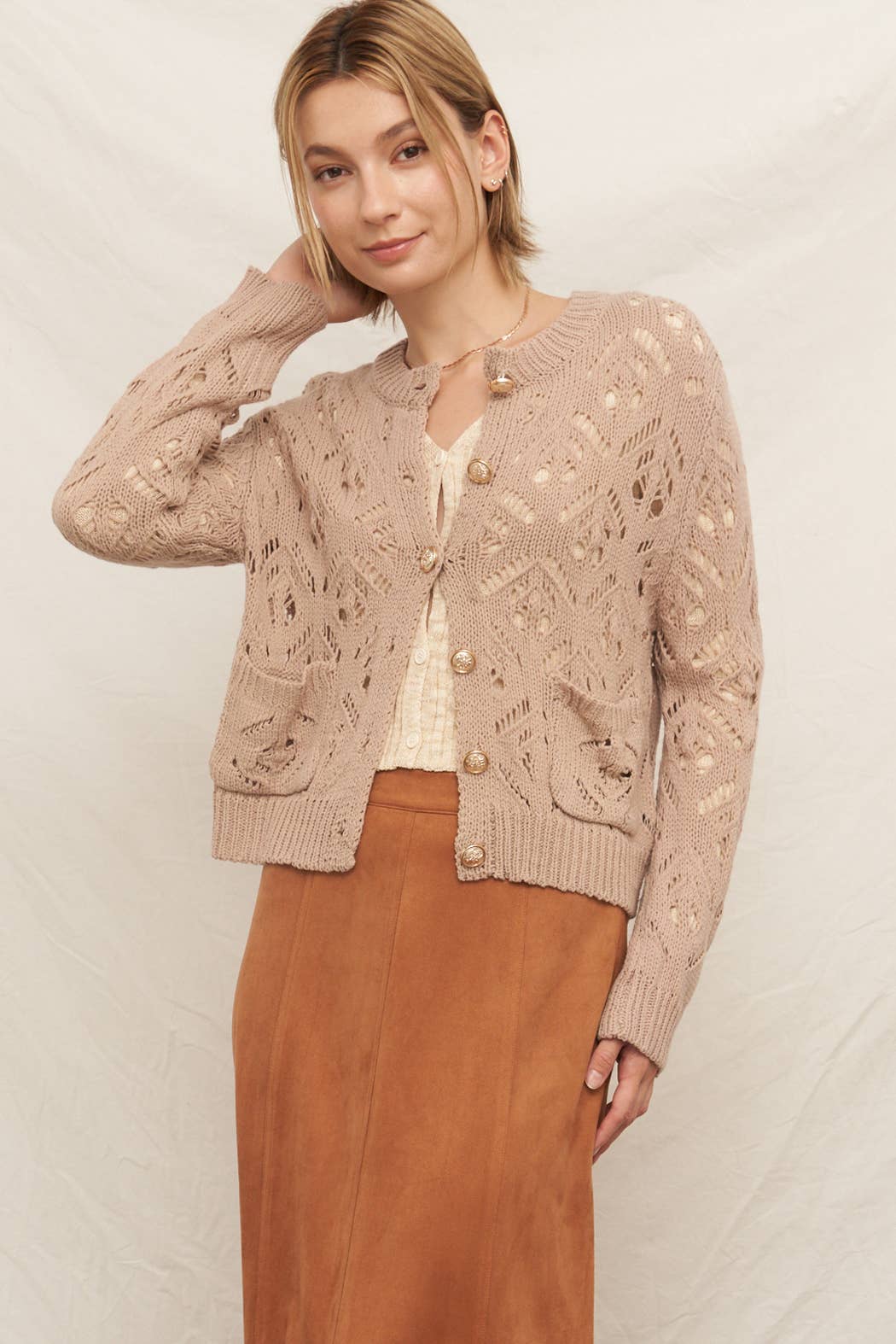 En Creme Eyelet Long Sleeve Sweater Cardigan - Bestseller