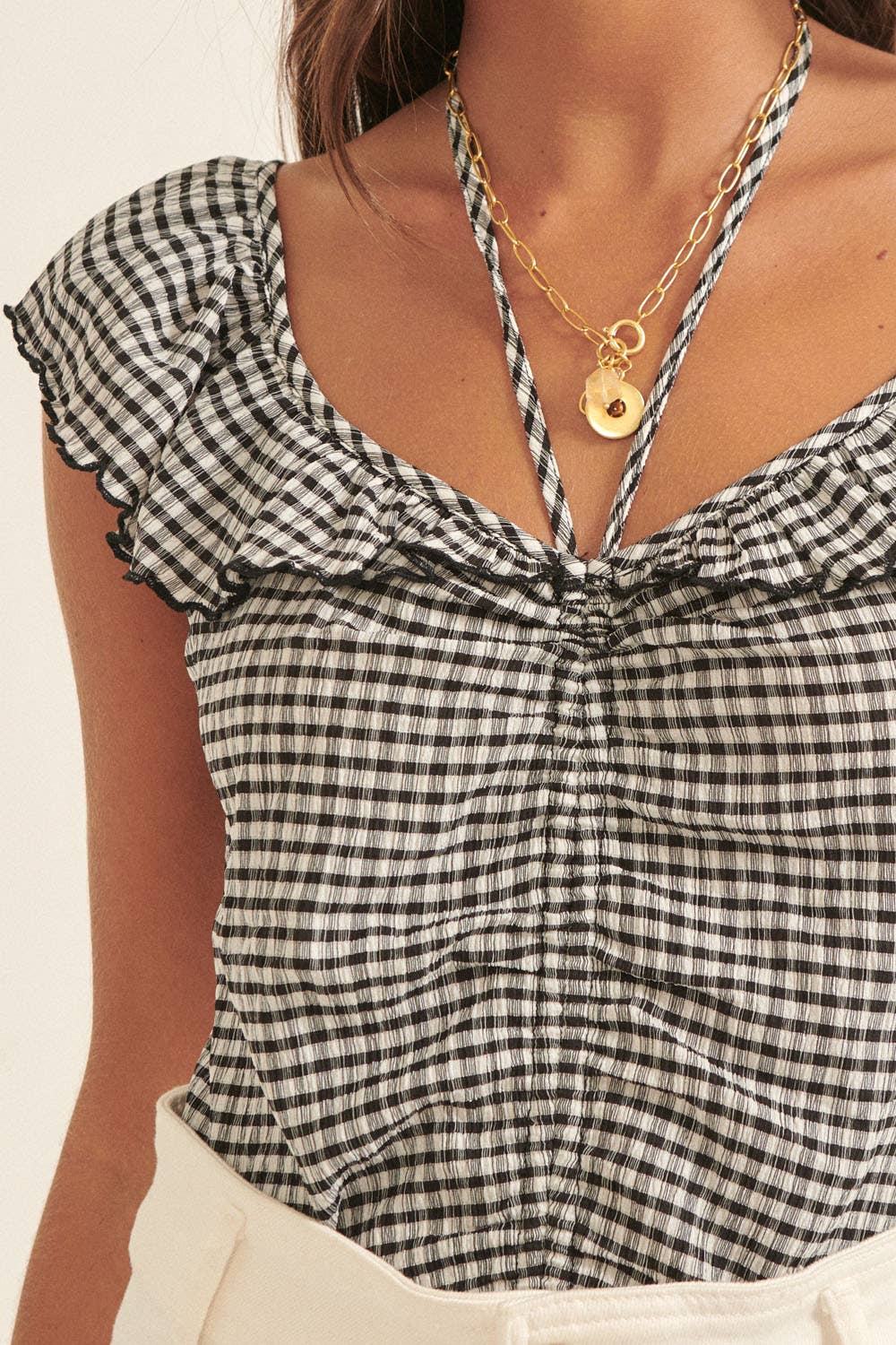 Plaid Boat Self-Tie Halter Gathered No Wedgie Bodysuit