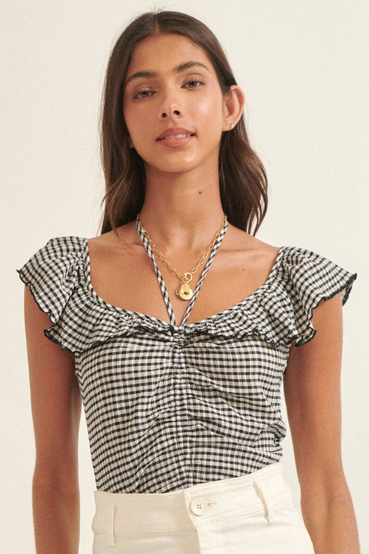 Plaid Boat Self-Tie Halter Gathered Bodysuit