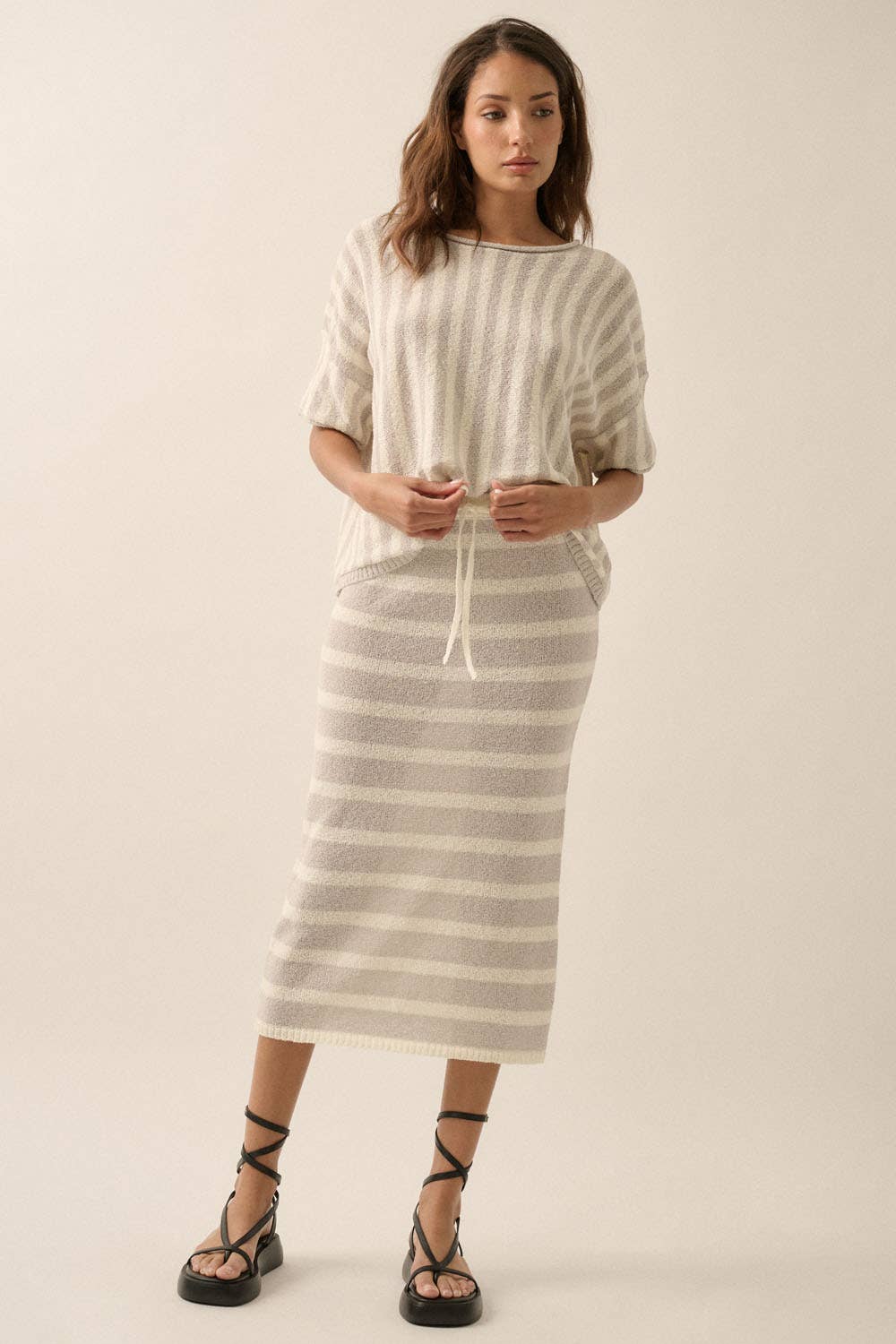 Striped Knit Rolled-Edge Short-Sleeve Sweater