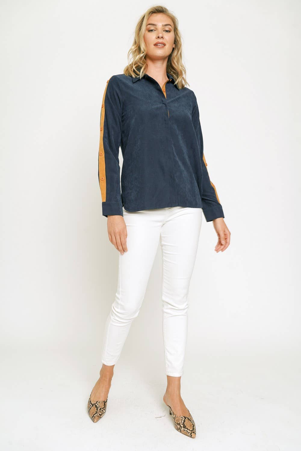 THE ONE! Soft Faux Suede Colorblock Button Down