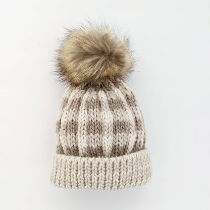 Pebble Brown Buffalo Check Pom Pom Beanie Hat Baby & Kids