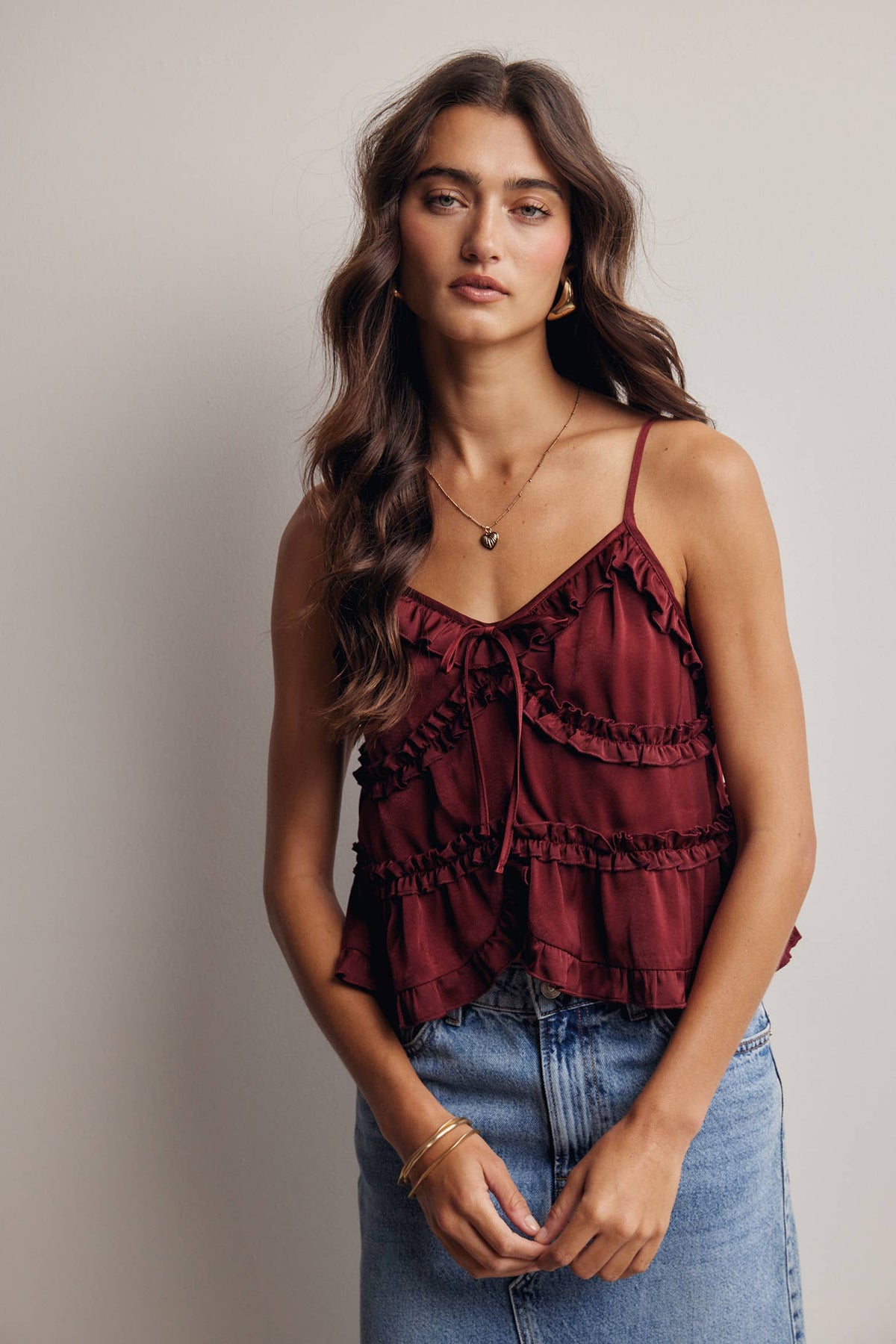 Ruffle Holiday Trim Tie Front Cami Top
