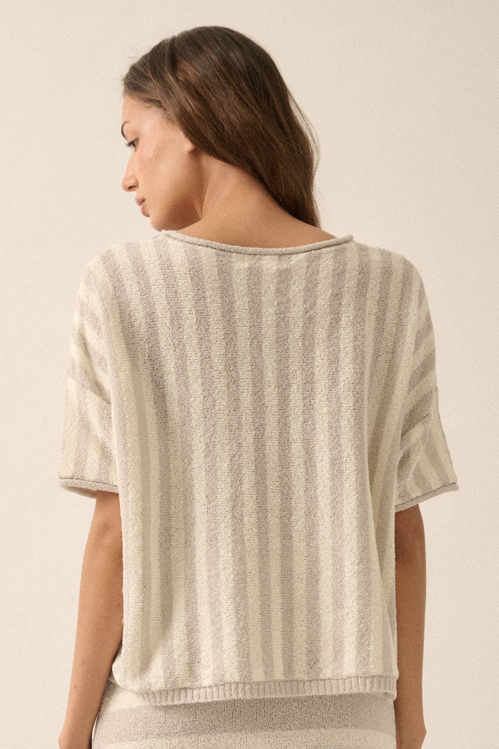 Striped Knit Rolled-Edge Short-Sleeve Sweater