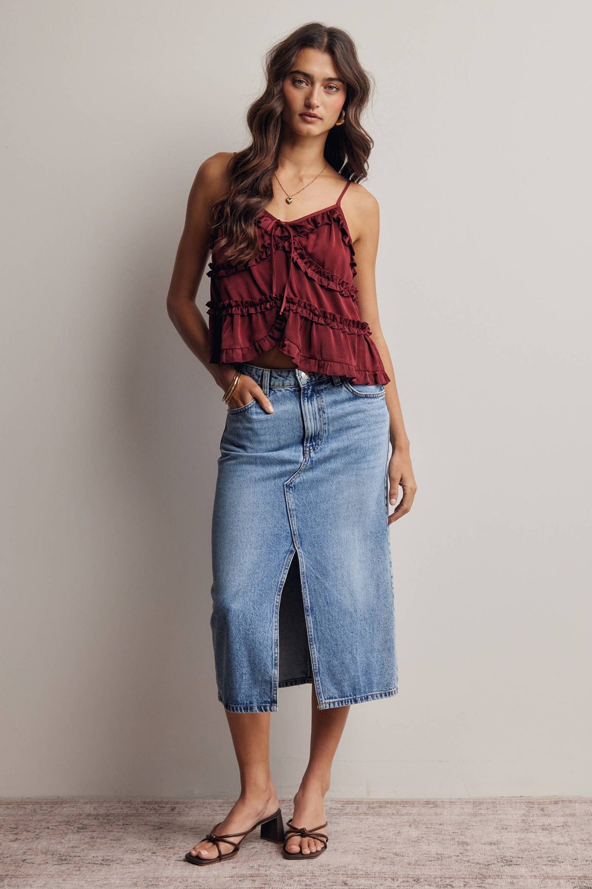 Ruffle Holiday Trim Tie Front Cami Top
