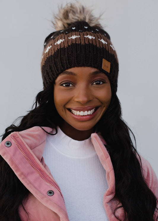 Adult or Teen Diamond Fleece Lined Knit Pom Hat