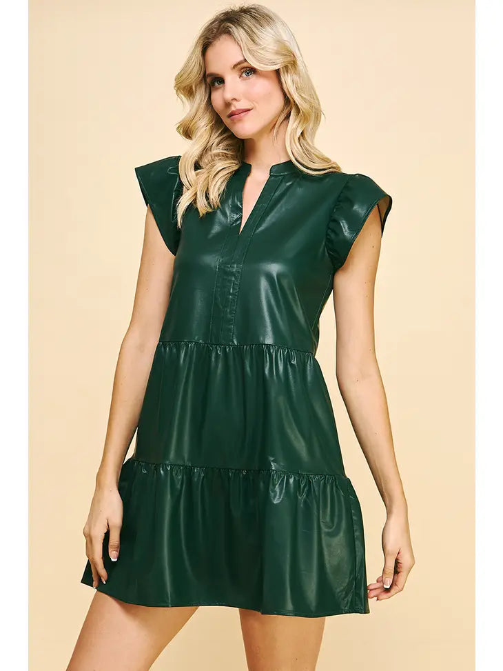 Holiday Leather Mini Dress - Hunter Green