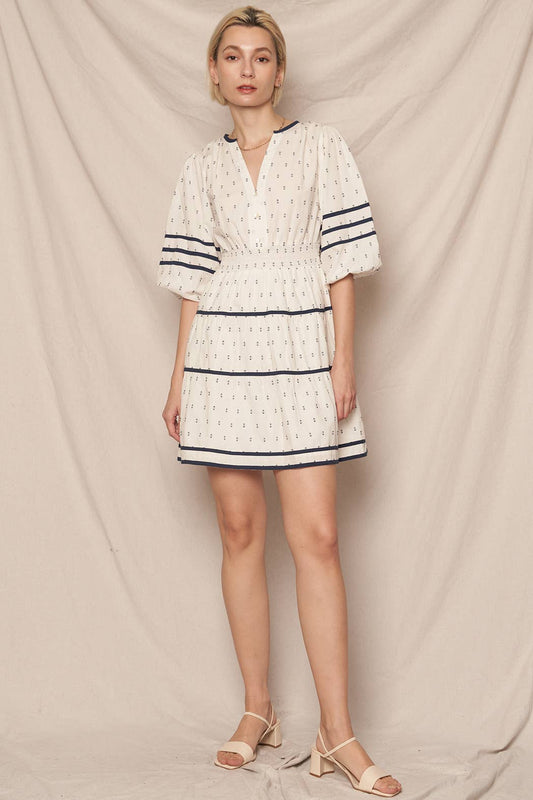3/4 Sleeve V-Neck Tiered Mini Embroidered Dress