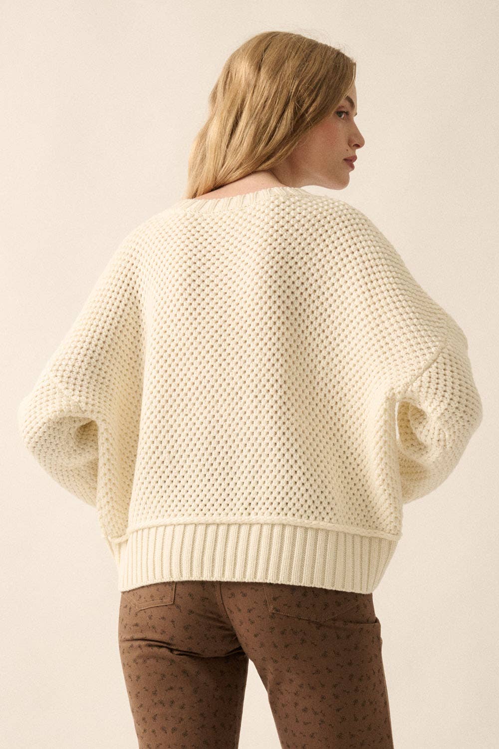 Solid Round-Neck Crochet-Knit Sweater