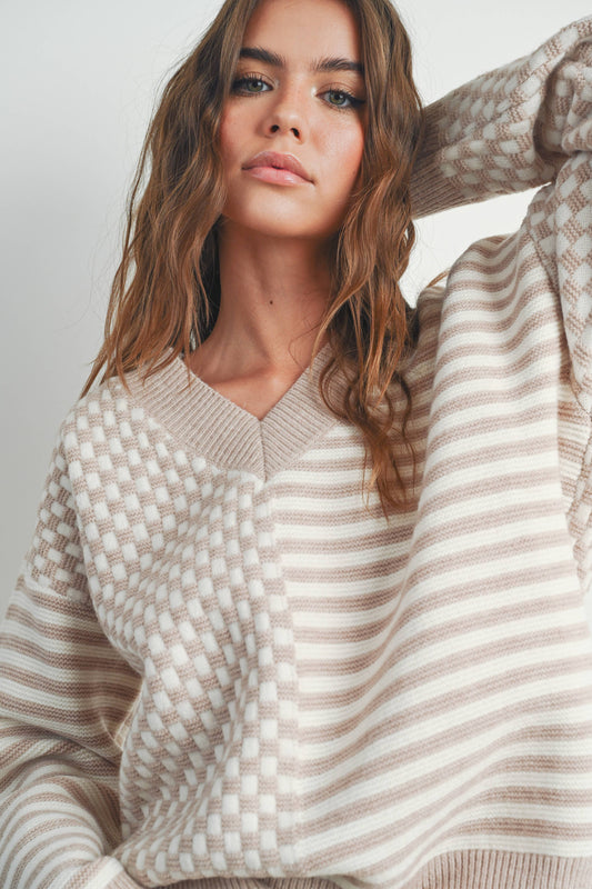 FRENCHY CHECKER PATTERN DROP SHOULDER SWEATER