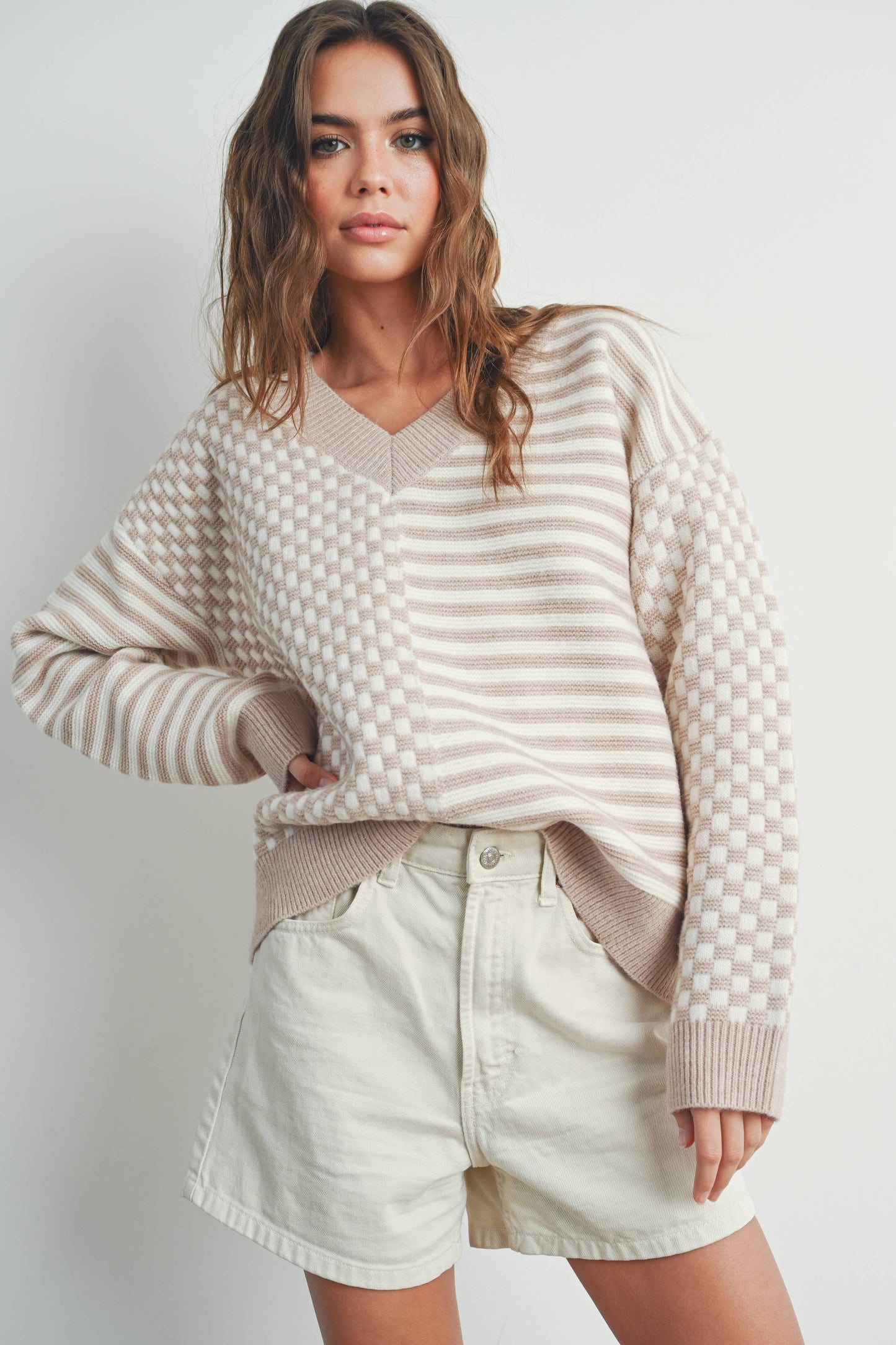 FRENCHY CHECKER PATTERN DROP SHOULDER SWEATER