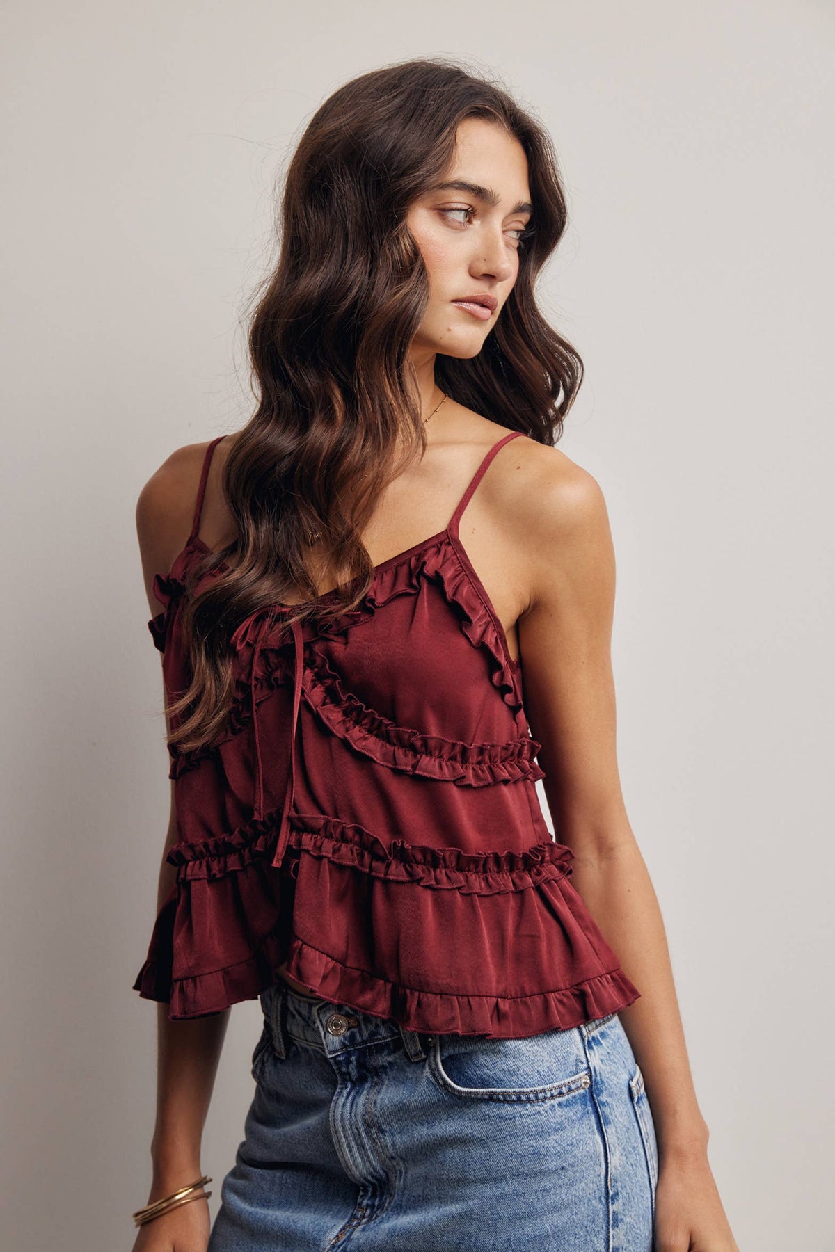Ruffle Holiday Trim Tie Front Cami Top