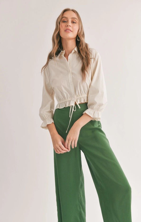 Sage Ruffle Sleeve Gathered Waist Top