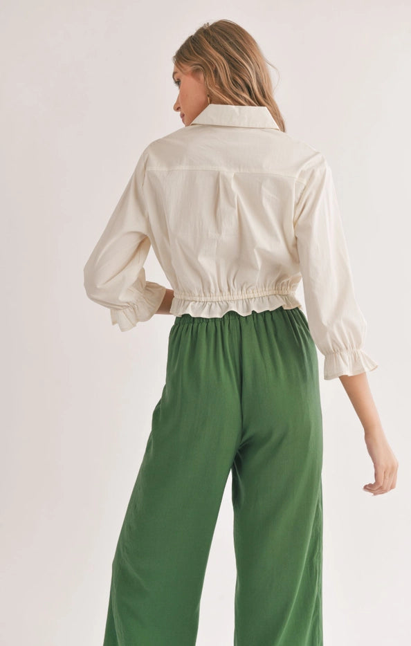 Sage Ruffle Sleeve Gathered Waist Top