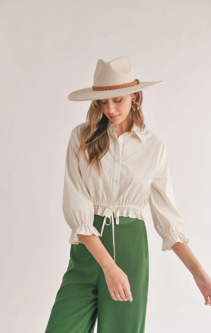 Sage Ruffle Sleeve Gathered Waist Top