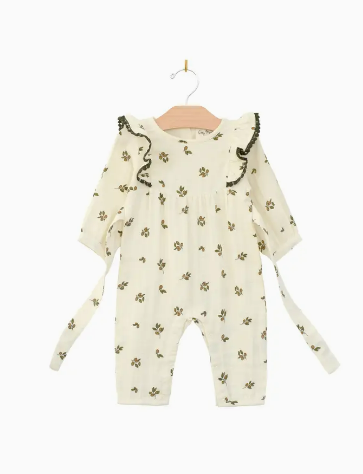 Olive Muslin Flutter Long Romper