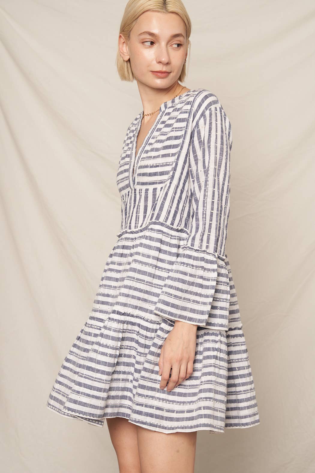 3/4 Sleeve V-Neck Striped Tiered Mini Dress