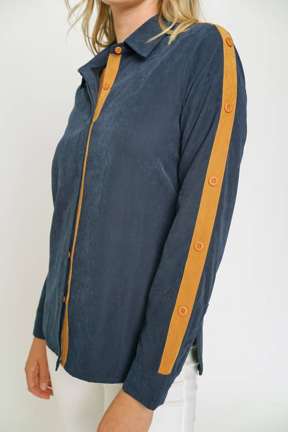 THE ONE! Soft Faux Suede Colorblock Button Down