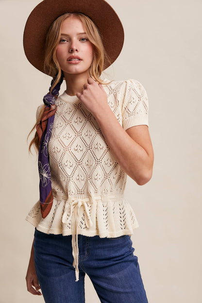 Pointelle Knit Peplum Sweet Belted Top