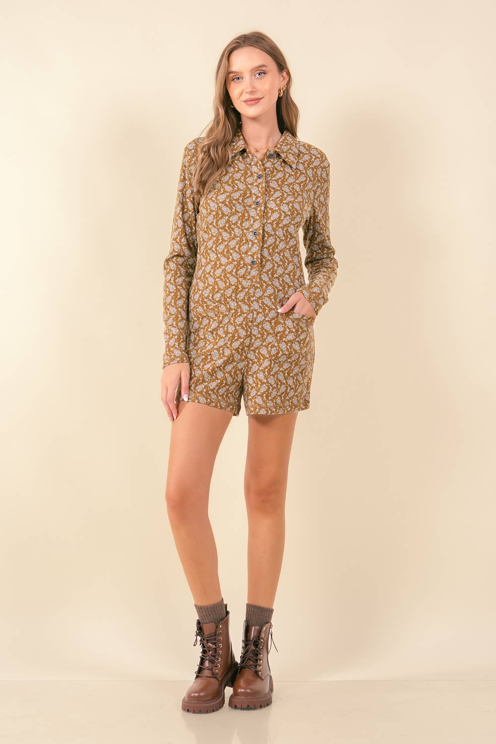 Floral Print Rib Long Sleeve Henley Romper - 27551R-1