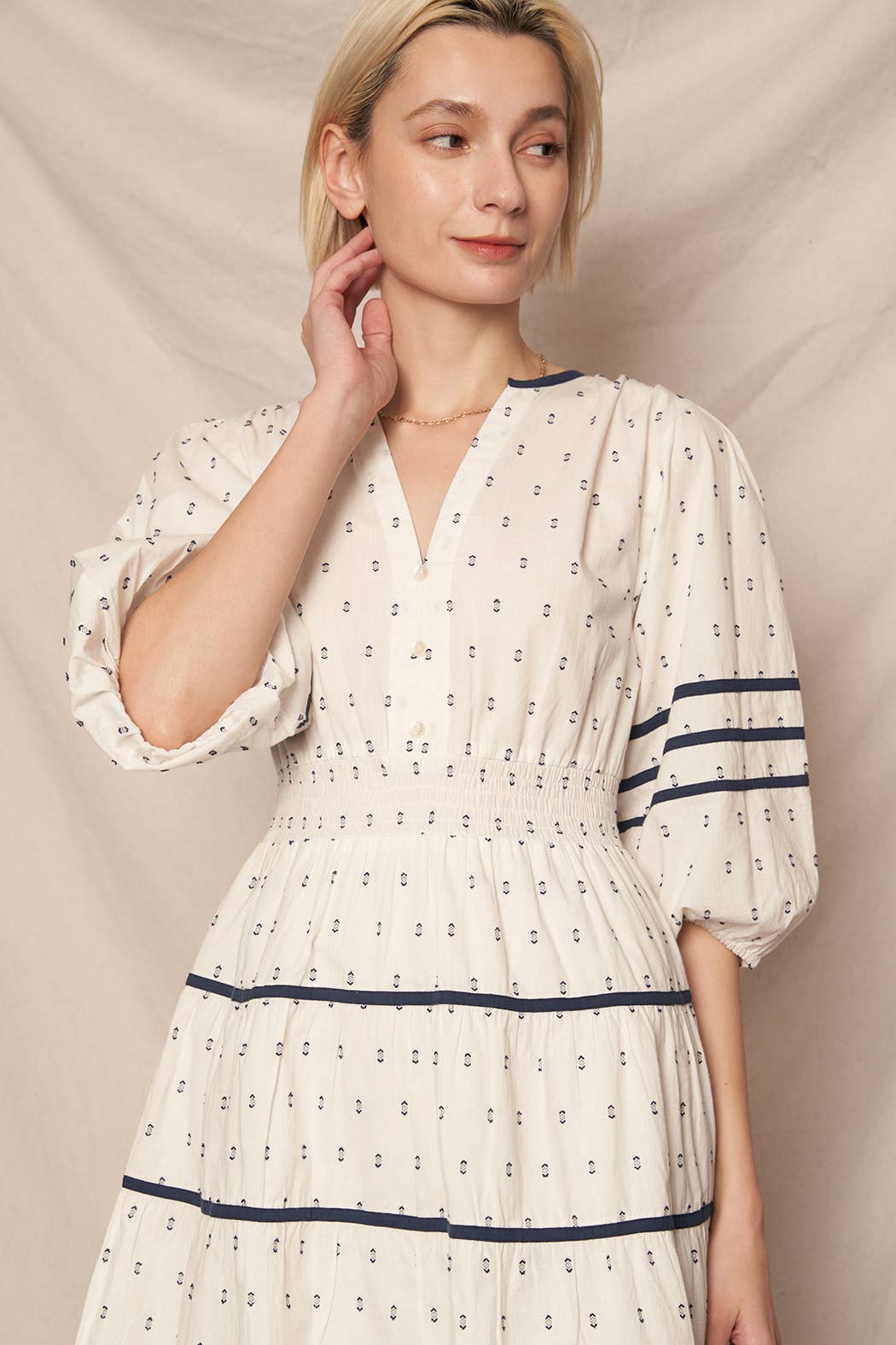 3/4 Sleeve V-Neck Tiered Mini Embroidered Dress