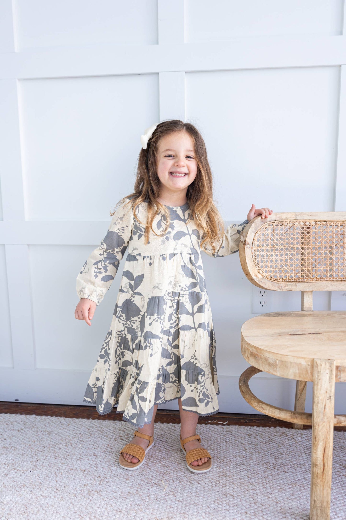 Grey Leaf Printed Tiered Long Sleeve Dress